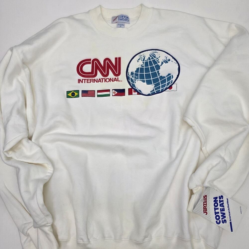 Vintage CNN International Sweatshirt Men's XL Jerzees Cotton Sweat USA White
